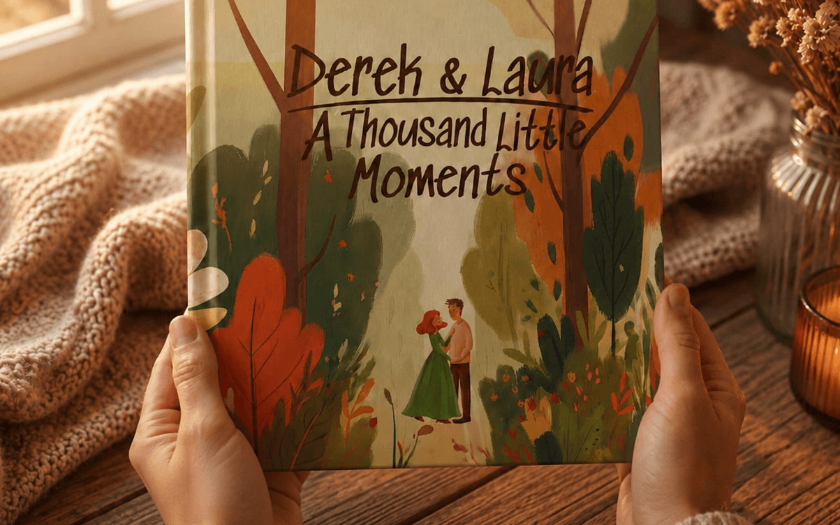 Personalized illustrated love storybook held in a warm reading scene