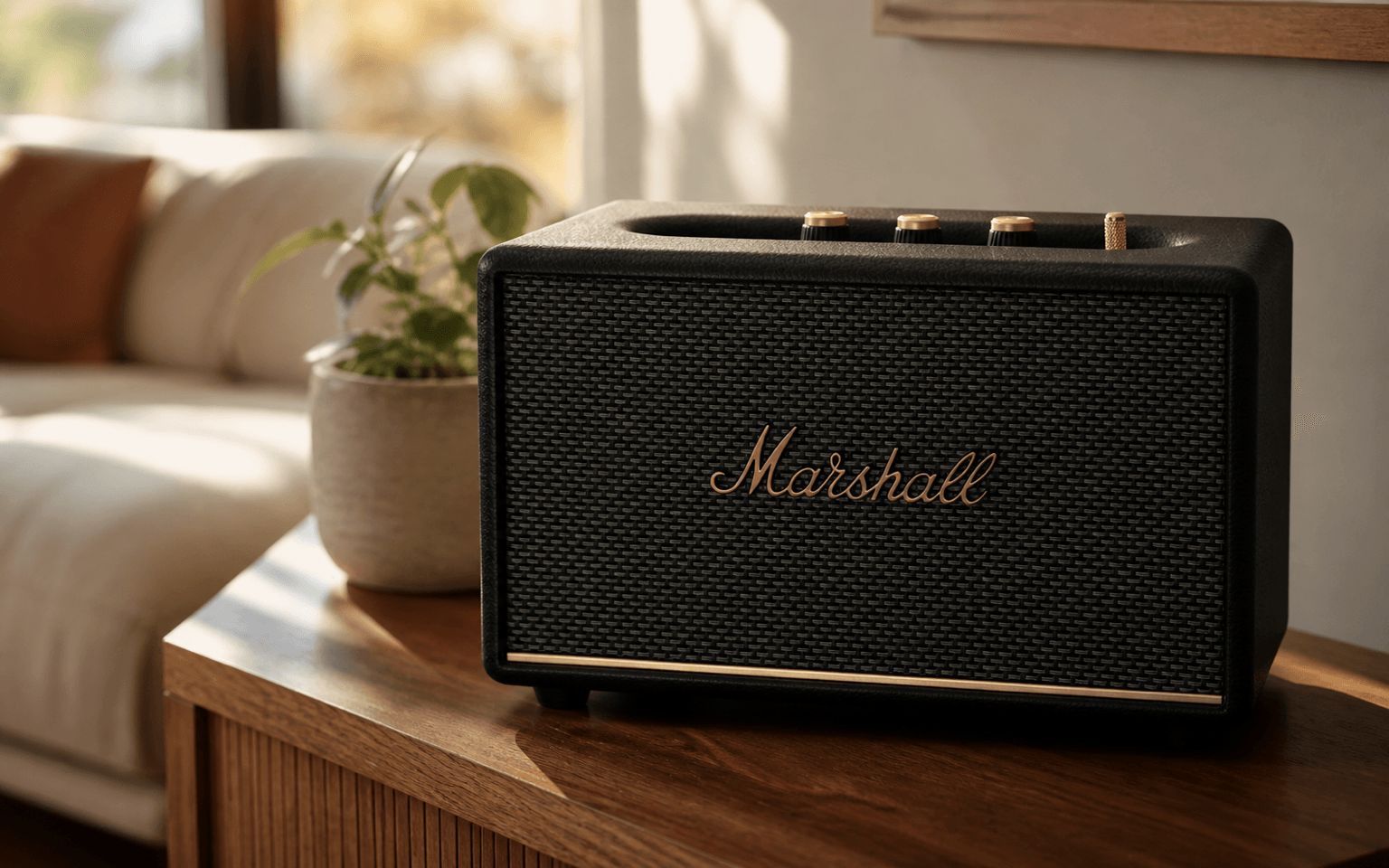 Black Marshall Acton III home speaker displayed on a warm wood console in a living room