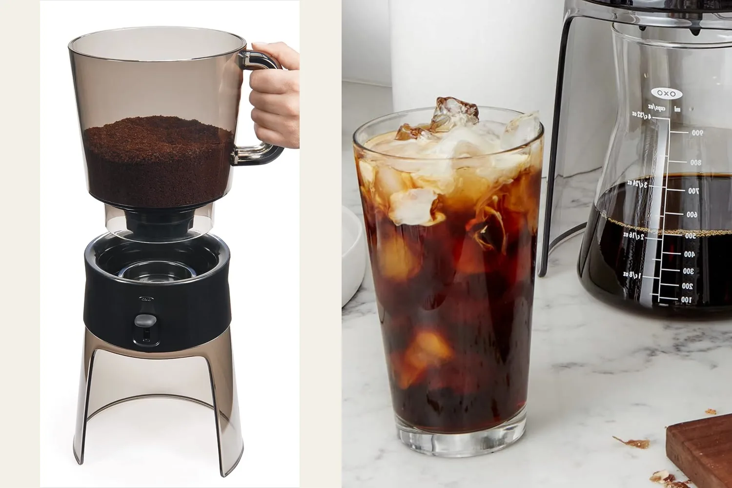 The complete OXO cold brew system beside an iced coffee and carafe