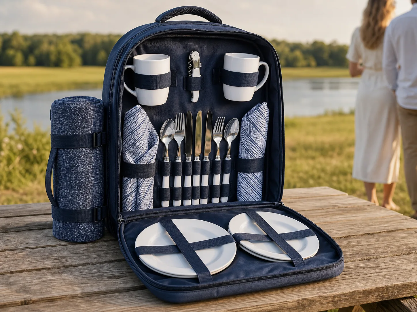Representative product-led scene of an open two-person picnic backpack with place settings and a rolled blanket