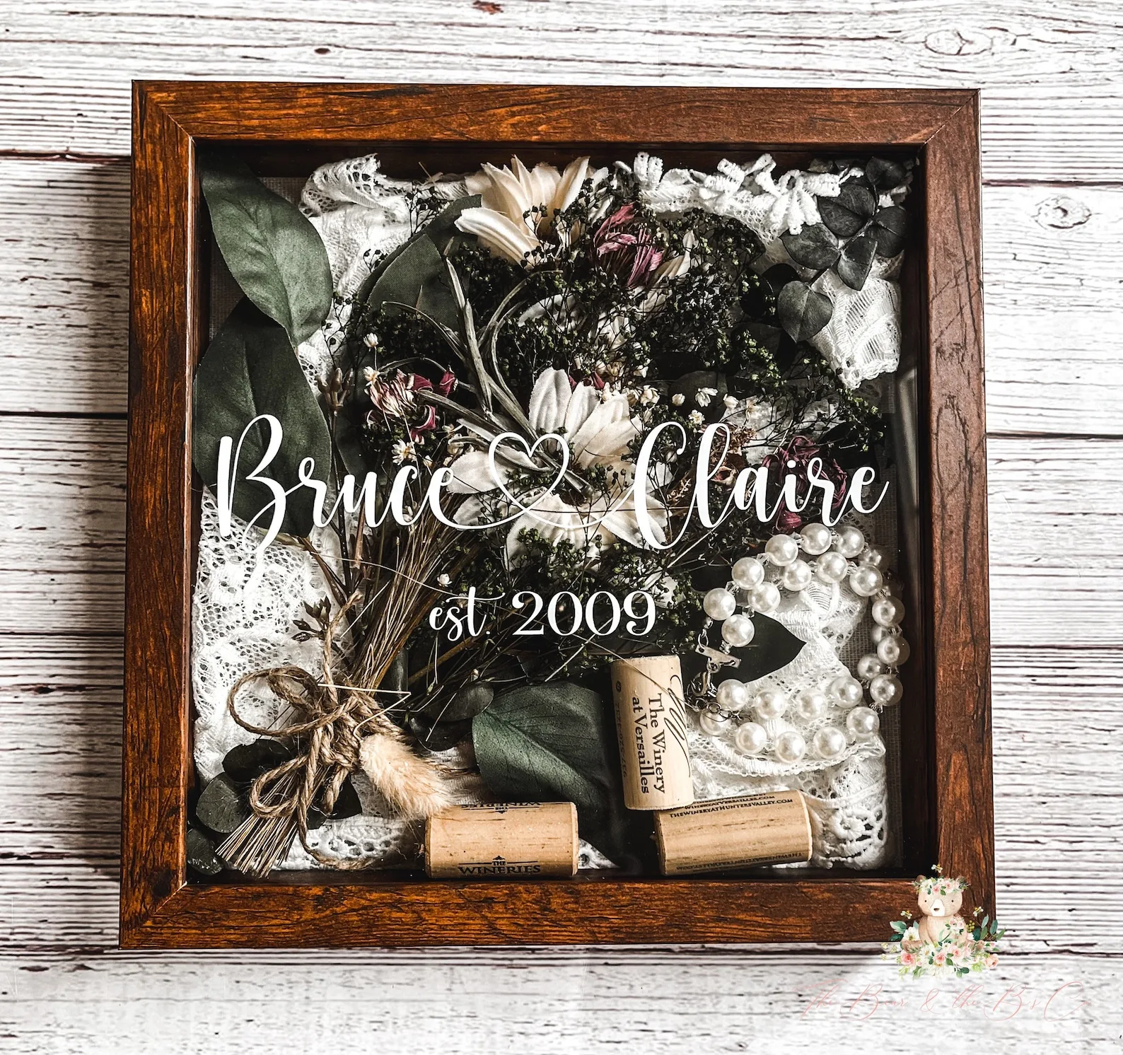 Personalized wedding keepsake display shadowbox with flowers and names