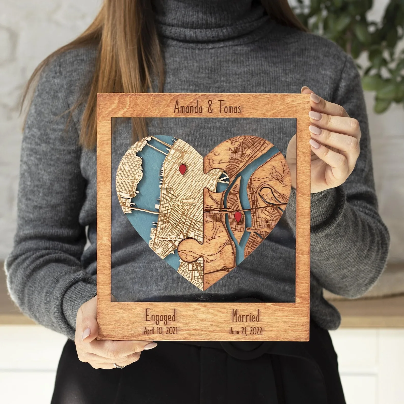 Personalized two-location heart map framed as a wedding keepsake