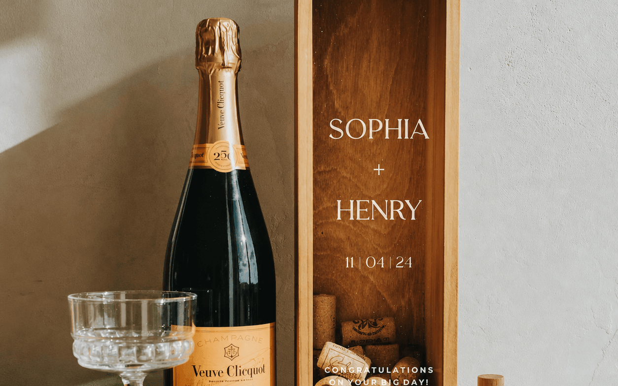 Personalized wooden wedding wine bottle box with engraved couple names