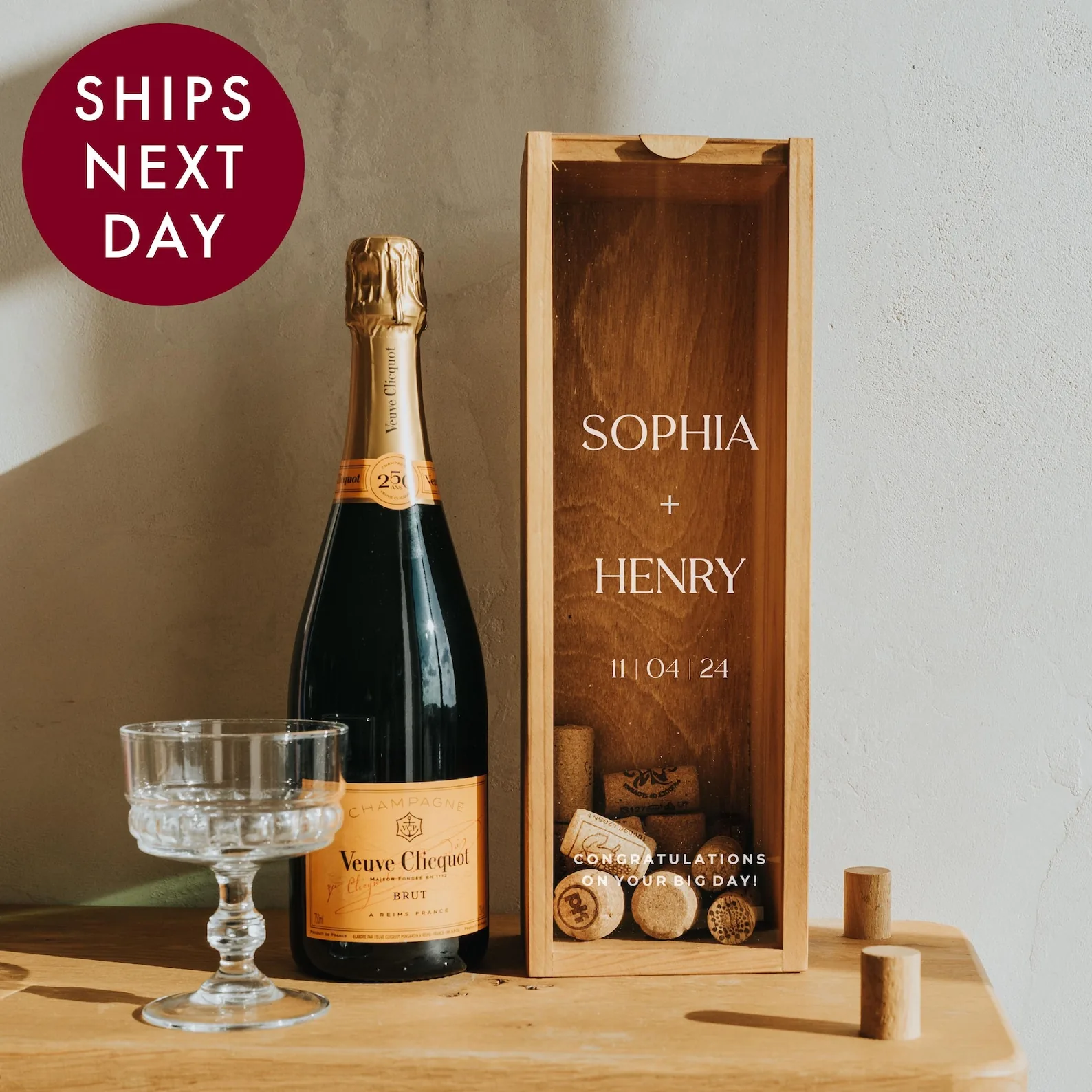 Personalized wooden wedding wine bottle box with engraved couple names